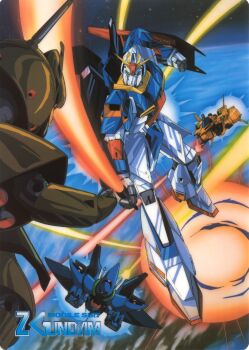 absurdres beam energy_sword earth_(planet) energy_sword explosion gabthley gundam hambrabi highres holding holding_sword holding_weapon mecha methuss no_humans official_art planet robot space sword weapon zeta_gundam zeta_gundam_(mobile_suit)