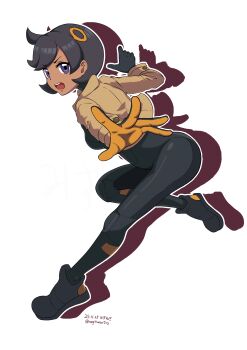 Rule 34 | 1girl, absurdres, black bodysuit, black hair, black shoes, blue eyes, bodysuit, bodysuit under clothes, brown jacket, commentary request, cowlick, dated, drop shadow, emma (pokemon), full body, gloves, highres, jacket, leg up, long sleeves, negitaman, nintendo, open mouth, outline, pokemon, pokemon legends: z-a, ring hair ornament, shoes, short hair, teeth, upper teeth only, white background