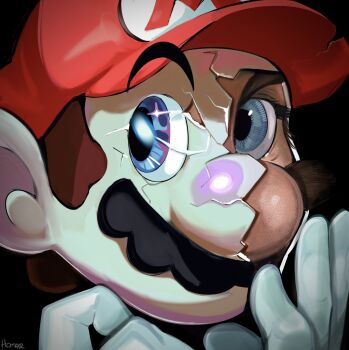 1boy blue_eyes broken_mask close-up crack cracked_kawaii_mask cracked_mask cracked_skin facial_hair hat highres homar_simpleton male_focus mario mario_(series) mask masked mismatched_eyes nintendo red_hat revealing_layer