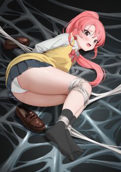 1girl absurdres ass black_skirt black_socks bow bowtie breasts brown_shoes commentary_request gibun_(sozoshu) highres inazuma_eleven inazuma_eleven_(series) inazuma_eleven_victory_road kneehighs loafers long_hair long_sleeves lying on_side open_mouth panties pink_hair ponytail red_bow red_bowtie school_uniform shinohara_raika shoes sidelocks silk skirt socks solo spider_web sweater_vest teeth tongue underwear unworn_shoes upper_teeth_only variant_set white_panties yellow_sweater_vest