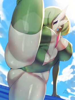 1girl :3 artist_name ass beach between_breasts bikini blue_background blue_sky blush bob_cut body_blush breasts cleavage closed_mouth cloud cloudy_sky collar colored_skin commission covered_areolae covered_erect_nipples day ears elbow_gloves eyebrows eyelashes female_focus gardevoir gen_3_pokemon gloves green_bikini green_gloves green_hair green_leotard green_slingshot_swimsuit green_thighhighs highres huge_ass impossible_clothes large_breasts latex latex_legwear leotard light_ray nature navel nintendo ollarbone one_leg_raised pink_eyes pixiv_commission pokemon pokemon_(creature) presenting railing sana!rpg shiny_clothes shiny_skin short_hair sky slingshot_swimsuit smile solo solo_focus spread_legs standing sun sweat swimsuit tagme thick_thighs thighhighs thighs thong thong_leotard wet white_lips white_skin wide_hips