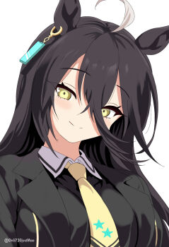 1girl ahoge animal_ears artist_name black_coat black_hair blush closed_mouth coat collared_shirt contrast_collar ear_ornament ear_tag earrings hair_between_eyes highres horse_ears horse_girl jewelry long_hair long_hair_between_eyes looking_at_viewer manhattan_cafe_(creeping_black)_(umamusume) manhattan_cafe_(umamusume) multicolored_hair necktie onli720justmao shirt simple_background single_earring smile solo split_mouth twitter_username umamusume white_background white_hair white_shirt yellow_eyes yellow_necktie