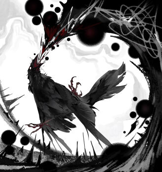 Rule 34 | abstract, absurdres, animal, bird, blood, commentary, coughing, coughing blood, crow, deepsea9013, empty eyes, english commentary, full body, highres, no humans, open mouth, original, outstretched legs, simple background, white background, white eyes