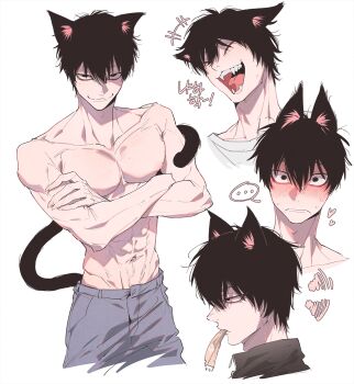 ... 1boy animal_ears black_eyes black_hair blush cat_ears closed_eyes closed_mouth commentary crossed_arms fangs fingernails highres korean_text male_focus multiple_views nipples oooo971028 open_mouth original portrait profile sharp_fingernails shirt short_hair solo tail toned toned_male topless_male upper_body white_background