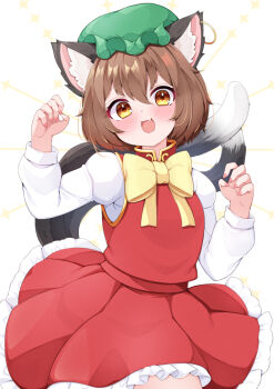 1girl :3 :d animal_ear_fluff animal_ears blush bow bowtie brown_hair cat_ears cat_girl cat_tail chen commentary cowboy_shot double-parted_bangs dress earrings fang frilled_dress frills green_hat hair_between_eyes hands_up hat jewelry juliet_sleeves long_sleeves looking_at_viewer mob_cap multiple_tails open_mouth pinafore_dress puffy_sleeves red_dress rururiaru shirt short_hair simple_background single_earring sleeveless sleeveless_dress smile solo tail touhou two_tails white_background white_shirt yellow_bow yellow_bowtie yellow_eyes