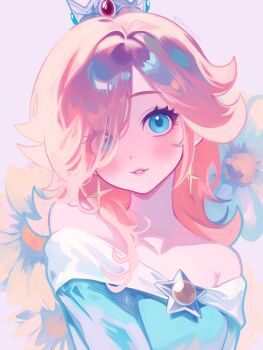 1girl bare_shoulders blonde_hair blue_dress blue_eyes blush brooch commentary crown dress earrings english_commentary eyelashes eyes_visible_through_hair flower hair_over_one_eye highres jewelry long_hair mario_(series) mixed-language_commentary nintendo off-shoulder_dress off_shoulder parted_lips rosalina smile solo star_(symbol) star_brooch star_earrings tomoe_(shoushou781) twitter_username upper_body