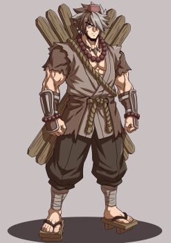 1boy absurdres bracer clenched_hands commentary_request full_body geta grey_hair hat highres jewelry mini_hat muscular muscular_male necklace nintendo pectorals personification pokemon pokemon_legends:_arceus rope serious short_sleeves solo standing ursaluna yokomiya4538