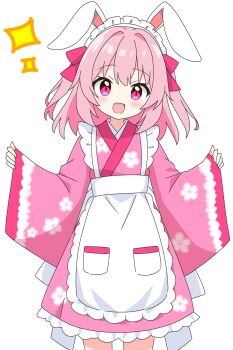 1girl :d animal_ears apron blush bow commentary_request cowboy_shot dot_nose frilled_apron frilled_kimono frills hair_bow hands_up highres japanese_clothes kimono kotatsu-mazoku long_sleeves looking_at_viewer maid_headdress open_mouth original pink_bow pink_eyes pink_hair pink_kimono rabbit_ears rabbit_girl short_hair simple_background smile solo sparkle two_side_up white_apron white_background wide_sleeves