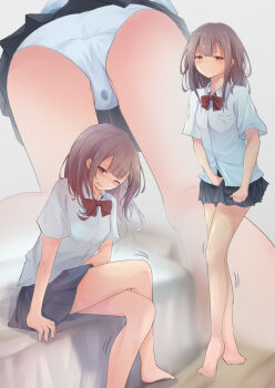 1girl barefoot between_legs blue_skirt bow bowtie breast_pocket breasts brown_eyes brown_hair closed_mouth collared_shirt crossed_legs half-closed_eyes hand_between_legs have_to_pee highres legs long_hair miniskirt multiple_views one_eye_closed original panties pee peeing peeing_self pleated_skirt pocket red_bow red_bowtie school_uniform shirt short_sleeves sidelocks sitting skirt small_breasts standing underwear watakarashi wet wet_clothes wet_panties white_panties white_shirt