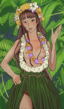 1girl blunt_bangs borrowed_character breasts brown_eyes brown_hair commentary english_commentary flower flower_necklace freckles grass_skirt head_wreath highres hula jewelry kara_eklund leaf lei mossacannibalis necklace no_panties open_mouth original solo topless_female