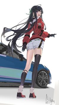 1girl absurdres ahoge asymmetrical_legwear awa_subaru black_gloves black_hair black_socks black_thighhighs car chinese_commentary commentary_request garter_straps girls_band_cry gloves highres jacket long_hair loose_socks motor_vehicle one_eye_closed open_mouth purple_eyes red_jacket shaymas shorts single_thighhigh socks solo standing subaru_(brand) subaru_brz teeth thighhighs upper_teeth_only v white_shorts