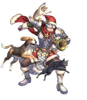 Rule 34 | 1boy, armor, attack, blowing horn, boots, brown pants, cat, christmas ornaments, claws, closed mouth, commentary request, dog, faceless, faceless male, fire emblem, fire emblem: three houses, fire emblem heroes, full armor, fur-trimmed boots, fur trim, gatekeeper (fire emblem), gatekeeper (midwinter toll) (fire emblem), gauntlets, gloves, green tunic, hat, helmet, highres, holding, holding instrument, holly, horn (instrument), instrument, izuka daisuke, nintendo, non-web source, official alternate costume, official art, open mouth, pants, red hat, red scarf, santa hat, scarf, star (symbol), star ornament, tail, transparent background, tunic, white boots