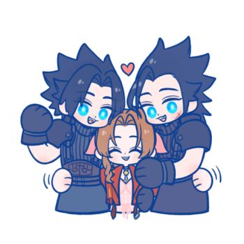 Rule 34 | 105zz, 1girl, 2boys, aerith gainsborough, armor, black gloves, black hair, blue eyes, blush, bracelet, brown hair, closed eyes, commentary request, cowboy shot, crisis core: final fantasy vii, cropped legs, cross scar, dress, dual persona, facial scar, facing viewer, final fantasy, final fantasy vii, final fantasy vii remake, gloves, hair ribbon, hand on another's hip, heart, height difference, hetero, jacket, jewelry, long hair, looking at viewer, motion lines, multiple boys, official alternate hairstyle, open mouth, parted bangs, pink dress, pink ribbon, red jacket, ribbed sweater, ribbon, scar, scar on cheek, scar on face, shoulder armor, sleeveless, sleeveless turtleneck, spiked hair, sweater, turtleneck, turtleneck sweater, white background, zack fair