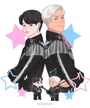 Rule 34 | !, 2boys, :d, artist name, asian, back-to-back, bangtan boys, barbie (franchise), barbie (live action), black eyes, black hair, black jacket, black pants, blue eyes, chibi, chibi inset, closed mouth, commentary, cosplay, cropped torso, crossed arms, earrings, english commentary, english text, fringe trim, guitar, halftone, heart, highres, holding, holding guitar, holding instrument, instrument, jacket, jewelry, jimin (bts), ken (barbie), ken (barbie) (cosplay), looking at another, looking at viewer, multiple boys, neckerchief, open mouth, pants, parted lips, pink neckerchief, ryan gosling, short hair, single earring, smile, speech bubble, star (symbol), star symbol background, tenartistt, white background, white hair