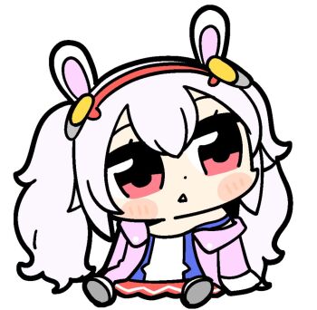 1girl animal_ears azur_lane bkub blue_shirt blush_stickers chibi chibi_only commentary dot_nose double-parted_bangs full_body grey_shoes hair_between_eyes hairband jacket laffey_(azur_lane) long_hair long_sleeves off_shoulder open_clothes open_jacket parted_lips pink_eyes pink_jacket rabbit_ears red_hairband red_skirt shirt shoes simple_background single_bare_shoulder sitting skirt solo twintails very_long_hair white_background white_hair
