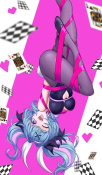 1girl animal_ears ass black_leotard blue_hair breasts card curly_hair fake_animal_ears hair_ornament hanging_breasts hatsune_miku heart heart-shaped_pupils high_heels highres large_breasts leotard natalyb one_eye_closed open_mouth pantyhose pink_background playboy_bunny poker pure_pure_(rabbit_hole) rabbit_hole_(vocaloid) smile suggestive_look symbol-shaped_pupils teeth upper_teeth_only vocaloid x_hair_ornament