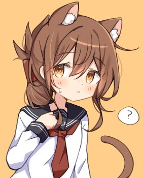 Rule 34 | 1girl, :<, ?, absurdres, animal ear fluff, animal ears, black sailor collar, blush, brown hair, cat ears, cat girl, cat tail, commentary, folded ponytail, hair between eyes, highres, inazuma (kancolle), kantai collection, kemonomimi mode, long sleeves, neckerchief, orange background, orange eyes, red neckerchief, sailor collar, school uniform, serafuku, serichii, simple background, solo, spoken question mark, tail