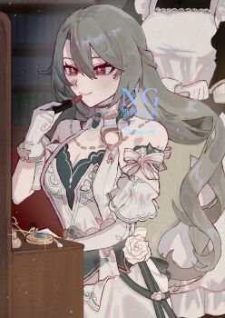 Rule 34 | 1girl, absurdres, bow, breasts, cleavage, commentary request, cosmetics, detached sleeves, dress, floral print, flower, frills, gloves, grey hair, hair between eyes, highres, holding, holding lipstick tube, honkai (series), honkai impact 3rd, jewelry, lipstick tube, long hair, maid, necklace, nzg 09, red eyes, rose, sitting, very long hair, vita (honkai impact), vita (white velveteer) (honkai impact), watermark, white flower, white rose, yellow pupils
