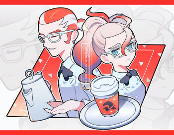 1boy 1girl black_bow black_bowtie blue_eyes bow bowtie closed_eyes closed_mouth collared_shirt commentary_request cup disposable_coffee_cup disposable_cup eyelashes glasses grin griselle_(pokemon) grisham_(pokemon) looking_at_viewer nintendo pokemon pokemon_legends:_z-a ponytail sasa_kado_(redbluemoon74) shirt smile teapot tray watermark white-framed_eyewear white_shirt