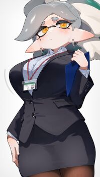 1girl alternate_breast_size_(larger) black_jacket black_skirt breasts brown_pantyhose clipboard closed_mouth collared_shirt commentary_request cross-shaped_pupils dress_shirt earrings expressionless gradient_hair green_hair grey_hair highres hizake_mozu holding holding_clipboard huge_breasts inkling jacket jewelry lanyard long_pointy_ears long_sleeves marie_(splatoon) medium_hair mole mole_under_eye multicolored_hair nintendo office_lady orange_pupils pantyhose parted_bangs pencil_skirt pointy_ears shirt simple_background skirt solo splatoon_(series) symbol-shaped_pupils tentacle_hair thick_eyebrows white_background white_shirt yellow_eyes