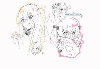 4girls blush bow commentary_request g11_(girls'_frontline) girls'_frontline highres implied_yuri long_hair m4a1_(girls'_frontline) monochrome multiple_girls open_mouth profile sweat tarano_(tsumugiko) ump45_(girls'_frontline) ump9_(girls'_frontline)