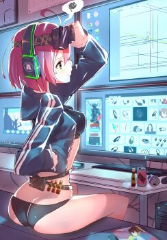 10s 1girl adjusting_goggles ahoge alternate_costume ass bad_id bad_pixiv_id breasts butt_crack can computer computer_keyboard computer_tower drawing_tablet enj! fate/grand_order fate_(series) female_focus goggles google google_chrome granblue_fantasy headphones highres hood hooded_track_jacket jacket mash_kyrielight monitor original osu! panties pink_hair short_hair sitting skype solo spoken_squiggle squiggle stylus sweatdrop text_focus track_jacket underwear vial yellow_eyes
