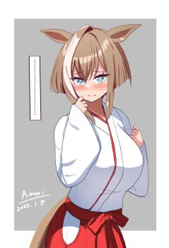 ... 1girl a.nori alternate_costume animal_ears artist_name blue_eyes blue_hair blush breasts brown_hair cheval_grand_(umamusume) commentary_request dated hair_between_eyes hair_ornament highres horse_ears horse_girl japanese_clothes miko open_mouth simple_background solo translation_request umamusume