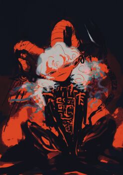 absurdres butterfly_sitting commentary_request curly_hair curved_horns earrings half-closed_eyes head_tilt highres jewelry long_hair looking_at_viewer meandros oversized_object pointy_ears red_theme sitting spoon tagme touhou toutetsu_yuuma v_arms yukama_(blackwaltz)