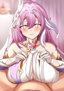 1boy 1girl absurdres bare_shoulders blurry blurry_background breasts bridal_veil commentary_request completely_nude corset diamond-shaped_pupils diamond_(shape) elysia_(herrscher_of_human:_ego)_(honkai_impact) elysia_(honkai_impact) gloves hetero highres honkai_(series) honkai_impact_3rd indoors large_breasts large_variant_set long_hair mero_en_e multicolored_hair nude paizuri paizuri_under_clothes pink_hair purple_eyes symbol-shaped_pupils textless_version triquetra two-tone_hair variant_set veil very_long_hair white_corset white_gloves white_hair white_veil