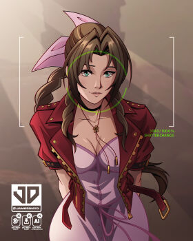 Rule 34 | 1girl, absurdres, aerith gainsborough, arms behind back, black choker, breasts, brown hair, choker, cleavage, closed mouth, commentary, dress, english commentary, english text, final fantasy, final fantasy vii, final fantasy vii remake, green eyes, hair ribbon, highres, jacket, james diato, jewelry, long hair, looking at viewer, necklace, open clothes, open jacket, pink dress, pink ribbon, red jacket, ribbon, short sleeves, smile, solo, viewfinder