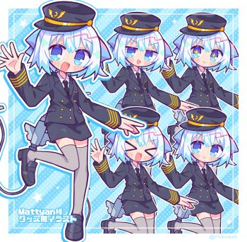 >_< +_+ 1girl :> :d black_hat black_jacket black_necktie black_shoes black_skirt blue_eyes blue_hair blush border closed_eyes closed_mouth collared_shirt commentary_request diagonal-striped_background full_body grey_thighhighs hand_up hat highres jacket long_sleeves looking_at_viewer miniskirt multiple_views necktie open_mouth original outline outside_border peaked_cap pilot_uniform richard_(richaball) shirt shoes short_hair skirt smile standing standing_on_one_leg striped_background thighhighs v-shaped_eyebrows white_border white_outline white_shirt xd zettai_ryouiki