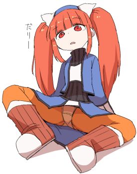 1girl black_trim blue_shirt blue_skirt blunt_bangs boots butterfly_sitting dewprism dokan_(dkn) full_body head_tilt long_hair long_sleeves mint_(dewprism) open_mouth orange_hair orange_pantyhose panties panties_under_pantyhose pantyhose pantyshot red_eyes shirt sidelocks simple_background sitting skirt solo spread_legs translation_request turtleneck twintails two-tone_shirt two-tone_skirt undershirt underwear white_background white_shirt white_skirt