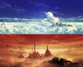 above_clouds album_cover blue_sky chimney cloud cloudy_sky cover fantasy fog industrial landscape mocha_(cotton) mountain no_humans orange_sky original industrial_pipe scenery signature sky split_screen steampunk village windmill
