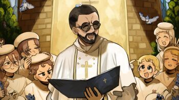 1boy 6+girls :< :d beard bird biting black_hair blonde_hair blue_eyes blue_jay braid brown_eyes brown_hair chicken christmas closed_eyes clumsy_nun_(diva) commentary diva_(hyxpk) duck english_commentary facial_hair father_(diva) feathers freckles froggy_nun_(diva) glasses glasses_nun_(diva) grey_hair hair_between_eyes hat hedgehog highres hungry_nun_(diva) little_nuns_(diva) long_hair mouse_(animal) multiple_girls nun open_mouth robe round_eyewear sheep_nun_(diva) short_hair smile spicy_nun_(diva) sunglasses very_short_hair white_hat white_robe