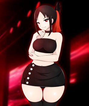 1girl absurdres ass black_hair breasts choker highres huge_ass kaguya-sama_wa_kokurasetai_~tensai-tachi_no_renai_zunousen~ looking_at_viewer medium_breasts red_eyes shinomiya_kaguya skirt smile solo strapless tagme thick_thighs thighhighs thighs tight_clothes tube_top wide_hips zonen404