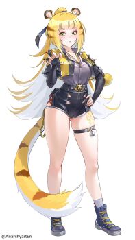 Rule 34 | 1girl, alternate body size, anarchyart, animal ears, animal print, artist name, belt, black belt, black gloves, black ribbon, black shirt, black shoes, black shorts, breasts, brown hair, closed mouth, collarbone, collared shirt, cropped jacket, elbow gloves, fingerless gloves, full body, gloves, hair ribbon, high-waist shorts, high ponytail, highres, jacket, jewelry, ju fufu, large breasts, long hair, looking at viewer, multicolored hair, necklace, open clothes, open jacket, orange hair, ponytail, ribbon, shirt, shoes, short shorts, shorts, solo, standing, streaked hair, tail, thigh strap, thighs, tiger ears, tiger girl, tiger print, tiger tail, very long hair, white background, white hair, wide ponytail, yellow jacket, zenless zone zero
