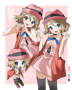 1girl :d absurdres black_thighhighs blue_eyes blue_ribbon brown_hair chibi clip_studio_paint_(medium) color_guide commentary_request double_v dress eyelashes hair_between_eyes hands_up hat heart heart_hands highres korean_commentary light_blush looking_at_viewer medium_hair multiple_views neck_ribbon nintendo open_mouth pink_background pink_dress pink_hat pokemon pokemon_(anime) pokemon_the_series:_xy pokesudal ribbon serena_(pokemon) smile thighhighs v