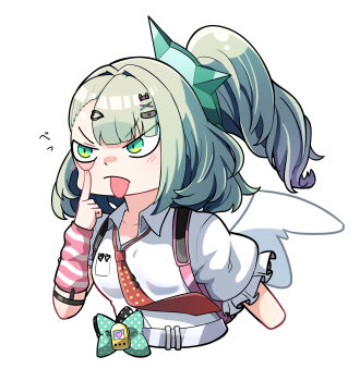 Rule 34 | 1girl, :p, absurdres, arm warmers, caseee999, collared shirt, commentary request, eyelid pull, green eyes, green hair, highres, necktie, pink arm warmers, ponytail, red necktie, shirt, solo, striped arm warmers, sunna (zenless zone zero), tongue, tongue out, upper body, white background, white shirt, white wings, wings, zenless zone zero