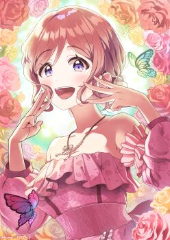 1girl 36c_u.b.u_(idolmaster) bare_shoulders blush bow brown_hair bug butterfly commentary_request detached_sleeves double_w dress floral_background flower frilled_dress frills gakuen_idolmaster hair_bow highres himesaki_rinami idolmaster insect jewelry kuma_(gaph5274) looking_at_viewer middle_w necklace off-shoulder_dress off_shoulder open_mouth pink_dress purple_eyes rose rose_background smile solo twitter_username upper_body w