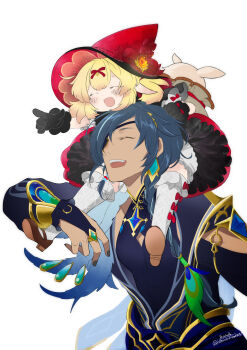 Rule 34 | 1boy, 1girl, absurdres, black gloves, black shirt, blonde hair, blue hair, bridal gauntlets, carrying, carrying person, closed eyes, commentary request, diamond-shaped earrings, dress, earrings, eyepatch, gem, genshin impact, gloves, hat, highres, jewelry, kaeya (genshin impact), kaeya (sailwind shadow) (genshin impact), klee (blossoming starlight) (genshin impact), klee (genshin impact), mizuiro34, open mouth, piggyback, pointing, pointy ears, red hat, shirt, shoulder carry, simple background, smile, teeth, thighhighs, upper body, upper teeth only, vision (genshin impact), white background, white thighhighs, witch hat