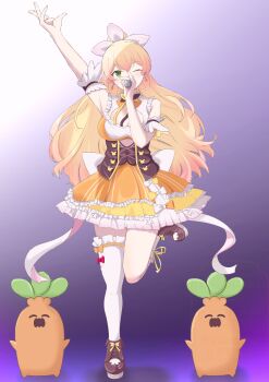 1girl absurdres alternate_hairstyle arm_garter arm_up asymmetrical_legwear blonde_hair boots bow bowtie breasts brown_boots brown_bow brown_bowtie brown_corset cleavage cleavage_cutout clothing_cutout commentary_request corset cutout_above_navel frilled_shirt frilled_skirt frills full_body gradient_background gradient_hair green_eyes hair_bow highres holding holding_microphone hololive large_breasts layered_skirt long_hair looking_at_viewer matuki124yuki microphone momosuzu_nene momosuzu_nene_(1st_costume) multicolored_bow multicolored_bowtie multicolored_hair multicolored_skirt nekko_(momosuzu_nene) one_eye_closed orange_bow orange_bowtie orange_shirt orange_skirt pink_hair pink_skirt purple_background shirt single_thighhigh skirt socks standing standing_on_one_leg thighhighs underbust uneven_legwear virtual_youtuber waist_bow white_background white_bow white_socks white_thighhighs yellow_bow yellow_bowtie yellow_skirt