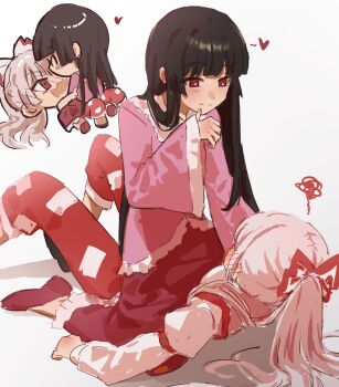 2girls :s black_hair blunt_bangs blush bow bright_pupils brown_shoes chibi chibi_inset closed_mouth feet_out_of_frame frilled_kimono frills fujiwara_no_mokou hair_bow hand_on_own_chin hashtag-only_commentary heart heart-shaped_pupils highres houraisan_kaguya hug japanese_clothes kimono kiss kissing_forehead knees_up long_hair long_sleeves lying multiple_girls on_back open_mouth pants pink_kimono ponytail purple_pants red_bow red_eyes red_pants red_straps rskrkr shirt shoes simple_background sleeves_past_wrists smile split_mouth squiggle straddling symbol-shaped_pupils touhou two-tone_bow v-shaped_eyebrows very_long_hair white_background white_bow white_hair white_pupils white_shirt wide_sleeves yuri