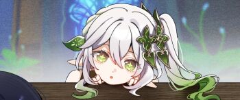 1girl asymmetrical_sidelocks black_hair braid colored_tips cross-shaped_pupils doorway eyelashes fingernails genshin_impact green_eyes green_hair green_pupils hair_ornament half_crown_braid head_rest head_tilt hoxino indoors leaf leaf_hair_ornament long_hair looking_at_viewer multicolored_hair nahida_(genshin_impact) open_mouth plant pointy_ears scaramouche_(genshin_impact) side_ponytail sidelocks single_bare_shoulder streaked_hair symbol-shaped_pupils table wanderer_(genshin_impact) white_hair