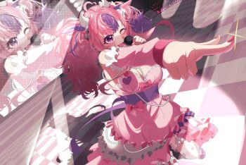 1girl absurdres ahoge blush bow breasts checkered_floor cleavage demon_girl demon_horns detached_sleeves dress fang frilled_dress frilled_sleeves frills hair_ornament heart heart_ahoge highres holding holding_microphone horns idol ironmouse kizawayoh long_sleeves microphone multicolored_hair one_eye_closed pink_bow pink_dress pink_hair pink_nails pink_sleeves pointing purple_eyes purple_hair skin_fang string_of_pearls two-tone_hair virtual_youtuber vshojo white_horns