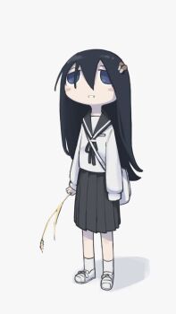 1girl bag black_hair blue_eyes highres kurohanenone long_hair mushroom mushroom_on_head object_on_head open_mouth school_uniform shimeji_simulation shoulder_bag socks solo tsukishima_shijima wheat white_socks