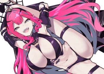 1girl bare_shoulders black_panties bracelet breasts bridal_gauntlets detached_sleeves earrings baobhan_sith_(fate) baobhan_sith_(second_ascension)_(fate) fate/grand_order fate_(series) flexible grey_eyes jewelry large_breasts leg_lift leg_up long_hair looking_at_viewer navel open_mouth p_answer panties pink_hair pointy_ears revealing_clothes sidelocks smile solo spiked_bracelet spikes split standing standing_on_one_leg standing_split thigh_strap thighs tiara underwear veil