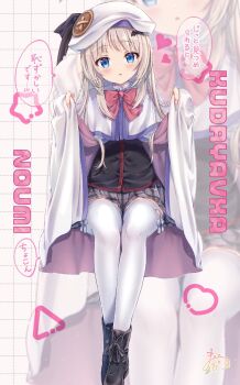 Rule 34 | 1girl, :o, beret, black boots, black shirt, blue eyes, blush, boots, brown hair, commentary request, dotted line, grey background, grey skirt, grid background, hat, highres, little busters!, long hair, looking at viewer, maruma (maruma gic), noumi kudryavka, parted lips, plaid clothes, plaid skirt, pleated skirt, shirt, sitting, skirt, thighhighs, thighhighs under boots, translation request, white hat, white thighhighs, zoom layer