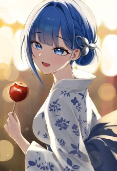1girl :d absurdres alternate_costume alternate_hair_length_(shorter) arcana_(nikke) blue_eyes blue_hair blush braid breasts candy_apple commentary_request floral_print food goddess_of_victory:_nikke hair_bun hair_ornament hair_up highres holding holding_candy_apple holding_food japanese_clothes kimono large_breasts lens_flare looking_at_viewer open_mouth side_braid sidelocks single_hair_bun smile solo ttusee5 upper_body white_kimono