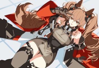 Rule 34 | 1girl, :p, absurdres, alternate breast size (larger), angelina (arknights), animal ear fluff, animal ears, arknights, arknights: endfield, bare shoulders, belt, black gloves, black thighhighs, breasts, brown hair, cheong seol, dot nose, dress, dutch angle, elbow gloves, fox ears, fox girl, fox tail, gilberta (arknights), gloves, grey dress, hair between eyes, hand on ground, hand up, headpiece, high belt, high collar, highres, impossible clothes, impossible dress, large breasts, long hair, long sleeves, looking at viewer, orange eyes, short dress, sleeveless, sleeveless dress, solo, tail, thick thighs, thighhighs, thighs, tongue, tongue out, twintails, v, v over eye, wide sleeves, zettai ryouiki