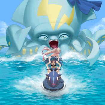 absurdres agemmata animal_ears aqua_hair bear_ears bear_girl bikini black_bikini blonde_hair blue_bow blue_hair blue_nails blue_skin blue_sky bow breasts cleavage cloud colored_inner_hair colored_skin earrings fujikura_uruka glowing glowing_eyes hair_ornament hairclip highres jet_ski jewelry kaminari_clara long_hair medium_breasts monster multicolored_hair navel ocean open_mouth phase_connect phase_connect_jp pink_hair pink_nails rinkou_ashelia scared screaming self-upload shaded_face sharp_teeth sidelocks sitting sky splashing squid standing streaked_hair swimsuit teeth tentacles twintails two-tone_hair very_long_hair virtual_youtuber water watercraft waves white_bikini wispy_bangs